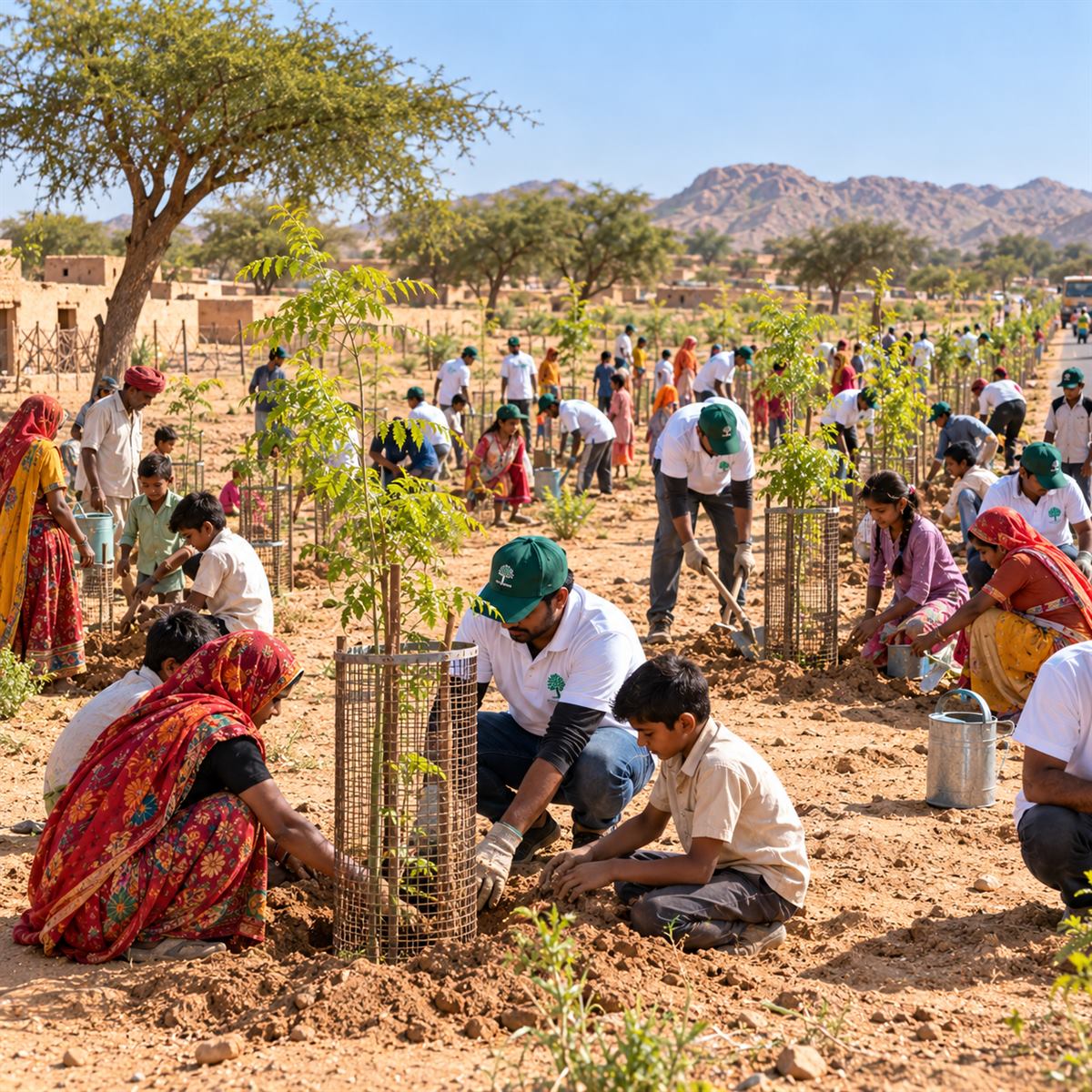 A village plantation drive with volunteers and tree guards