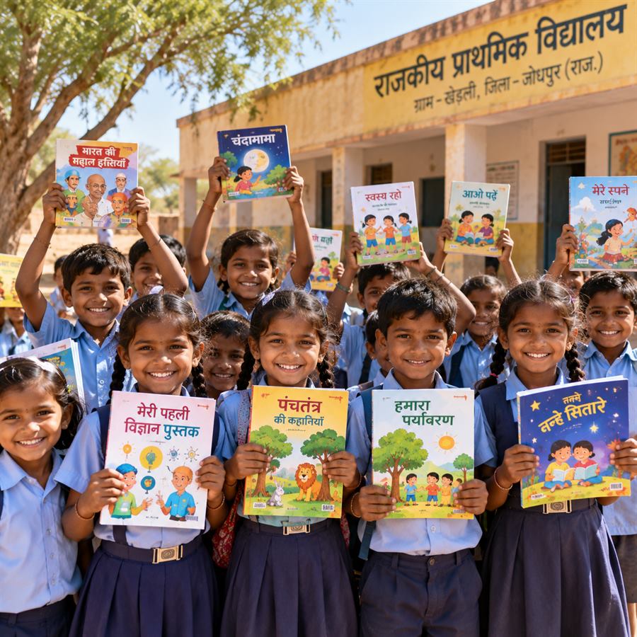 Schoolchildren holding up donated books