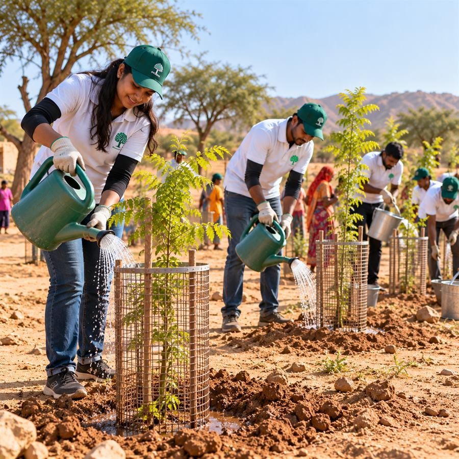Volunteers watering newly planted saplings