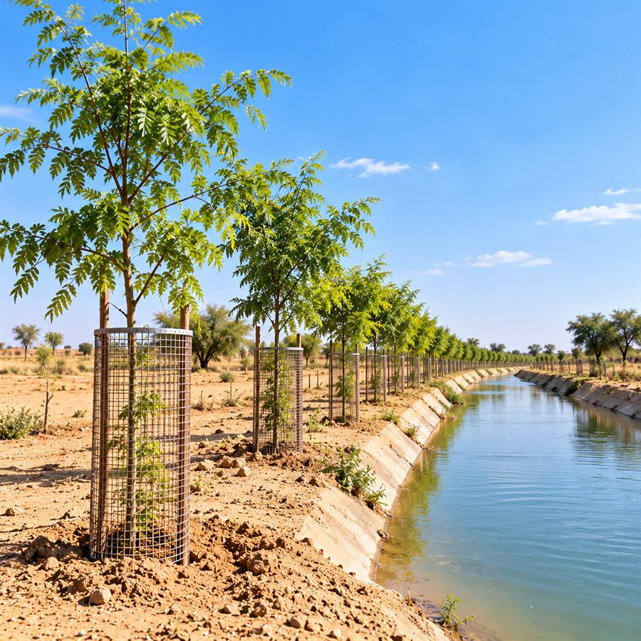 Young green trees growing in the desert